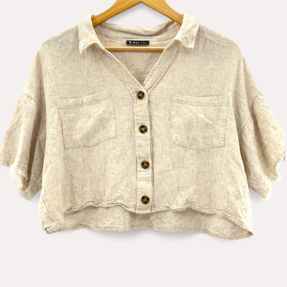 Very J Linen Blend Cropped Button Shirt Raw Hem Boho Boxy Top Oatmeal L Coastal